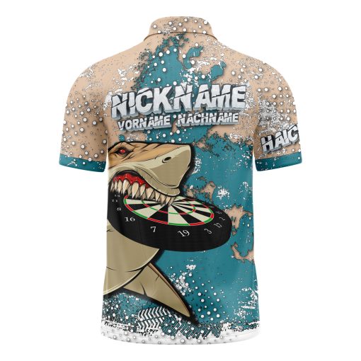 Dart Trikot HAICHECK mit Polokragen und Hai- und Dartscheibenmotiv in Türkis, Beige und Braun – Rückansicht