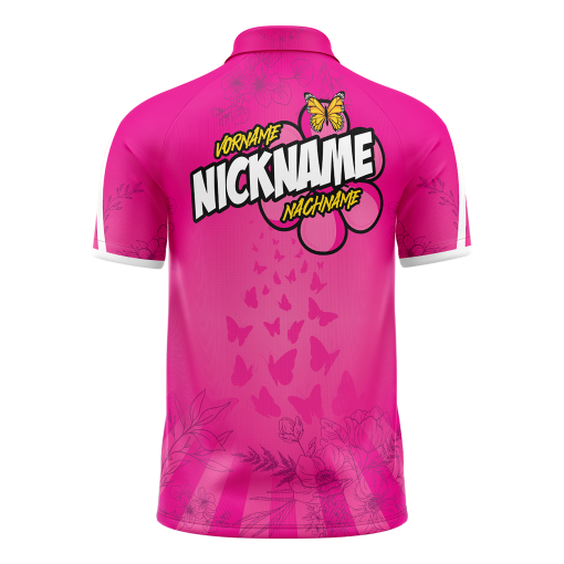 Dart Trikot PAPILIA mit Polokragen und Schmetterlingen in Pink – Rückansicht